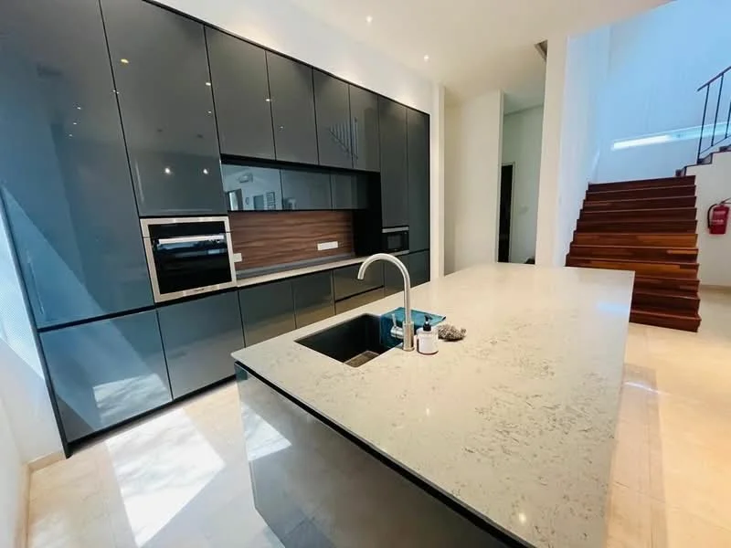 Kitchen features: grey high-gloss cabinetry, white quartz countertop, single-bowl stainless-steel sink, chrome pull-down faucet, built-in oven, built-in microwave, kitchen island with seating, recessed downlights, tile flooring, wooden staircase, open layout; style: modern.