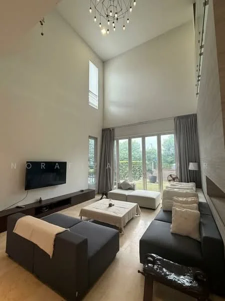 Living features: high ceiling, large floor-to-ceiling windows, grey fabric sectional sofa, white coffee table, wooden TV console, wall-mounted TV, decorative pendant light, light-colored walls, curtains, stone accent wall, area rug, indoor plants; style: modern; view: garden.