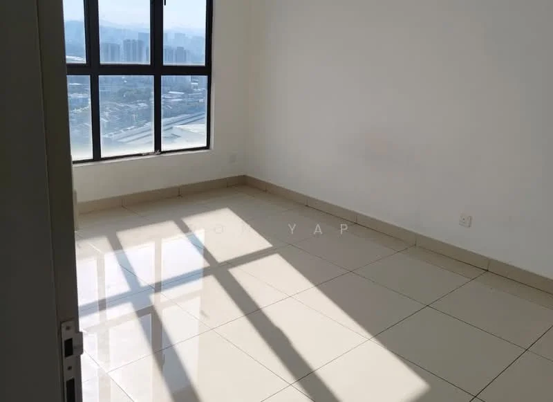 Room features: white painted walls, glossy ceramic tile flooring, large floor-to-ceiling windows, city view, natural light from windows, neutral color palette, no visible furniture, minimalist decor; style: modern; view: city.