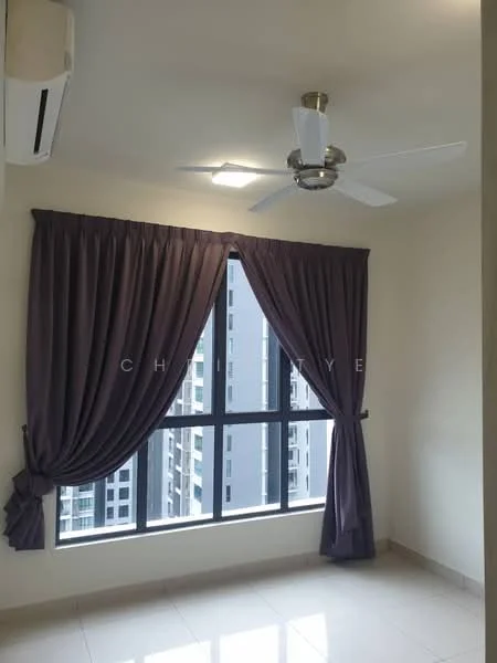 Room features: floor-to-ceiling windows, grey curtains, 5-blade ceiling fan with light, white painted walls, glossy tile flooring, air conditioning unit, natural light from window; style: modern; view: city.