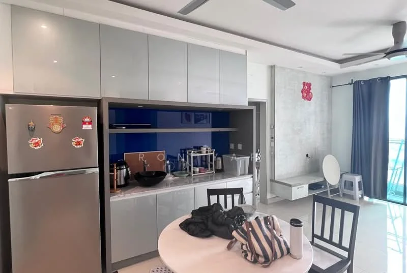Kitchen features: grey flat-panel cabinets, blue backsplash, stainless-steel fridge, built-in oven, ceramic cooktop, single-bowl stainless-steel sink, chrome pull-down faucet, white countertop, dining table with four chairs, ceiling fan, tile flooring, wall-mounted storage, decorative wall art; style: modern; view: city. Room features: grey wall, floor-to-ceiling windows, curtains.