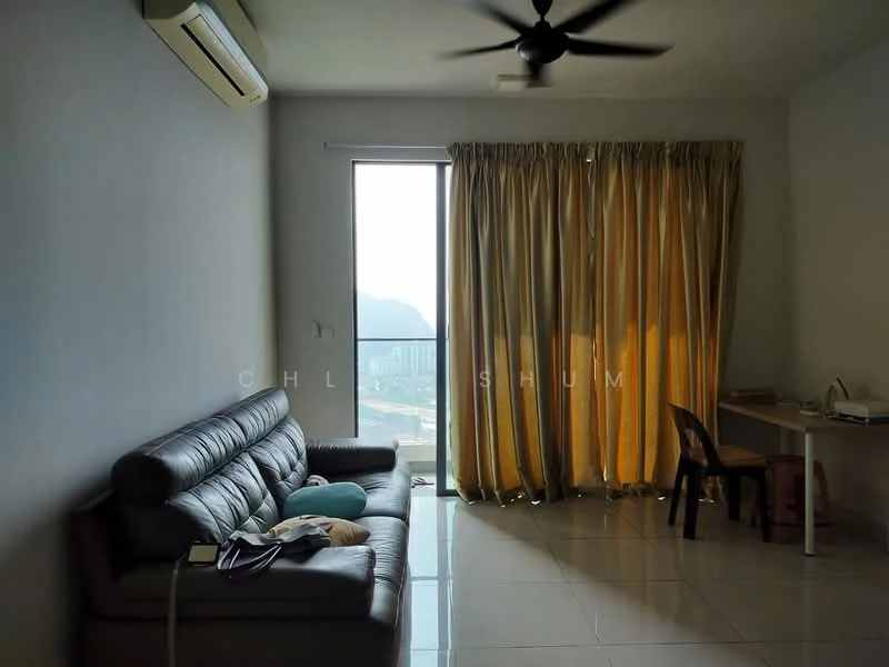 Living features: grey leather sofa, floor-to-ceiling window, curtains in golden color, white painted walls, glossy tile flooring, ceiling fan, wall-mounted air conditioning unit, small table with chair; style: modern; view: city.