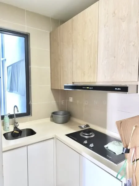 Kitchen features: single-bowl stainless-steel sink, chrome pull-down faucet, white laminate countertop, built-in induction cooktop, stainless-steel range hood, light wood cabinetry, cream tiled backsplash, window with black frame; style: modern.