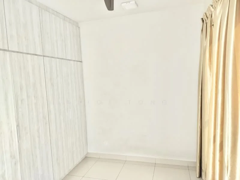 Room features: white painted walls, light-colored wooden cabinetry, cream curtains, tile flooring, ceiling fan; style: modern.