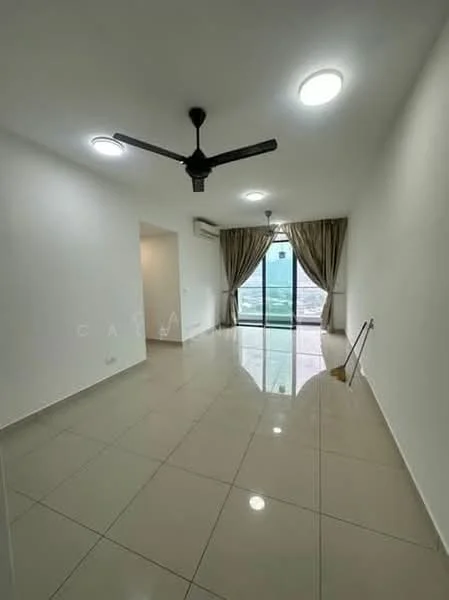 Living features: white painted walls, glossy ceramic tile flooring, 5-blade ceiling fan with light, recessed LED downlights, floor-to-ceiling windows, sliding glass door, sheer curtains, balcony view; style: modern; view: city.