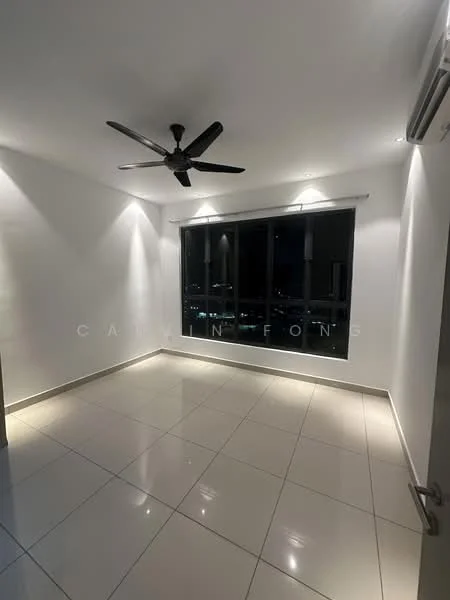 Room features: white painted walls, glossy tile flooring, 5-blade ceiling fan, floor-to-ceiling windows, recessed downlights, city view, air conditioning unit; style: modern; view: city.