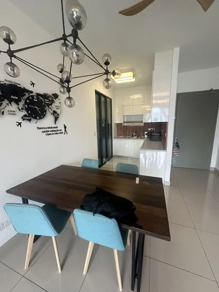Dining features: wood dining table, 4 upholstered dining chairs in light blue, chandelier with multiple bulbs, wall clock with world map design, white walls, tile flooring, open kitchen view, kitchen cabinetry in dark wood, built-in appliances visible; style: modern; view: kitchen.