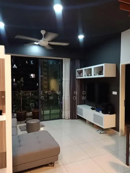 Living features: grey fabric sectional sofa, white TV console, wall-mounted TV, 5-blade ceiling fan with light, recessed LED downlights, floor-to-ceiling windows, sheer curtains, dark accent wall, light-colored tiled flooring, potted plants on balcony; style: modern; view: garden.