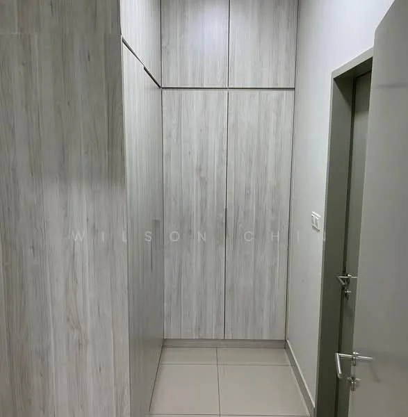 Room features: light grey wood paneling on walls, built-in cabinets with flat-panel doors, cream tiled flooring, neutral wall color, door with metallic handle, minimalist design; style: modern.