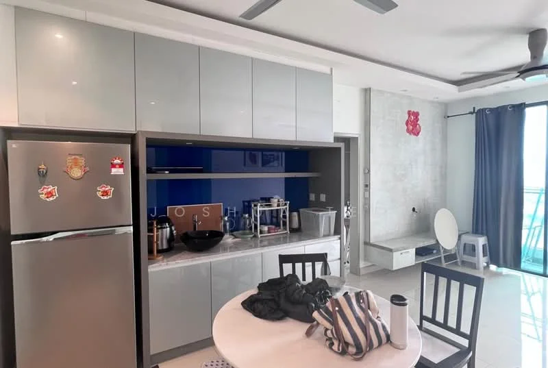Kitchen features: grey high-gloss cabinetry, blue backsplash, stainless-steel fridge, built-in countertop, black bowl on countertop, round dining table, black dining chairs, ceiling fan, white tiled flooring, wall-mounted shelving, decorative wall panel, window with sheer curtains; style: modern; view: city.