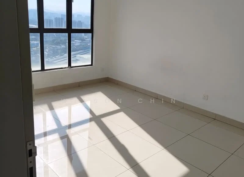 Room features: white painted walls, glossy ceramic tile flooring, large floor-to-ceiling window, city skyline view, natural light from window, neutral color scheme; style: modern; view: city.