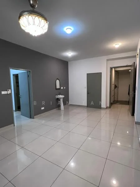 Room features: grey accent wall, white painted walls, glossy ceramic tile flooring, ceiling light fixture, wall-mounted sink, doorway leading to another room, doorway with no visible door, recessed ceiling lights; style: modern.