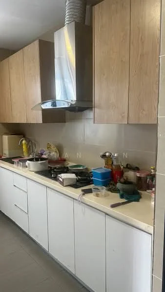 Kitchen features: wood cabinetry, white lower cabinets, stainless-steel range hood, marble countertop, built-in oven, freestanding gas stove, multiple cooking pots, various kitchen utensils, sink, kitchen appliances, tile backsplash, grey tile flooring; style: modern.