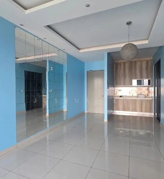 Living features: blue painted walls, mirror wall, white ceiling with recessed lighting, polished ceramic tile flooring, kitchenette with wooden cabinetry, stainless-steel fridge, built-in microwave, countertop with backsplash, pendant light fixture; style: modern.
