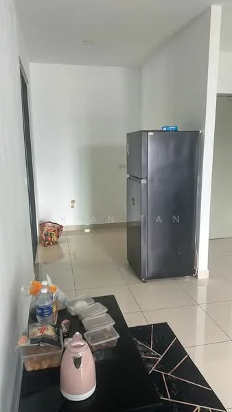Room features: white painted walls, glossy tile flooring, black marble dining table, stainless-steel fridge, pink kettle, plastic food containers, decorative items on table; style: modern.