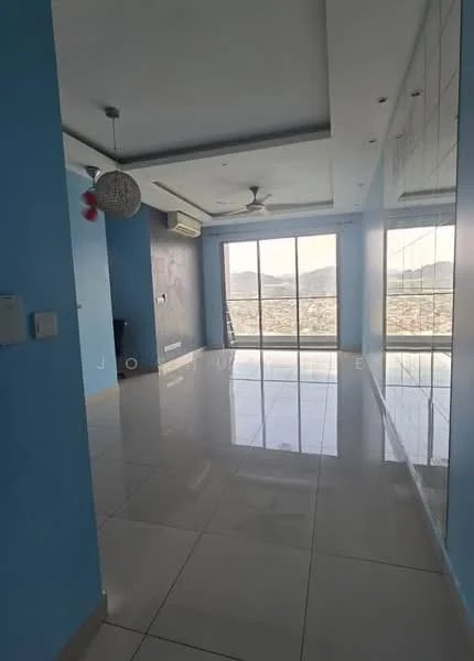 Living features: blue painted walls, white ceiling with recessed downlights, large floor-to-ceiling windows, sliding glass door, marble tile flooring, 5-blade ceiling fan, wall-mounted split AC, decorative pendant light, mountain view; style: modern; view: mountain.