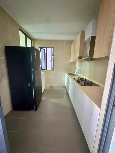 Kitchen features: black fridge, white cabinetry, light wood upper cabinets, light countertop, built-in gas hob, exhaust hood, tile backsplash, grey tile flooring, window for natural light; style: modern.