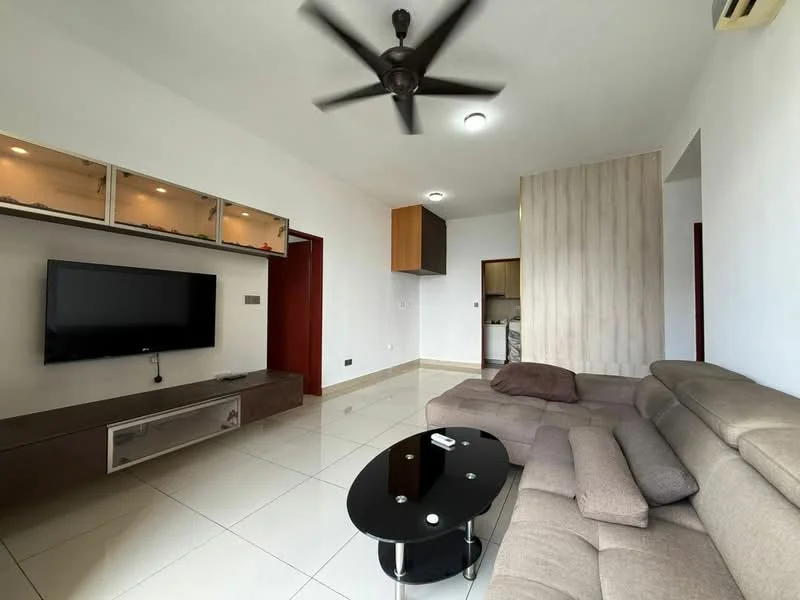 Living features: 3-seater fabric sofa in beige, black coffee table with glass top, wall-mounted TV, TV console with storage, ceiling fan with light, recessed lighting, white painted walls, glossy tile flooring, built-in shelving unit, open layout to kitchen, decorative wall paneling; style: modern.