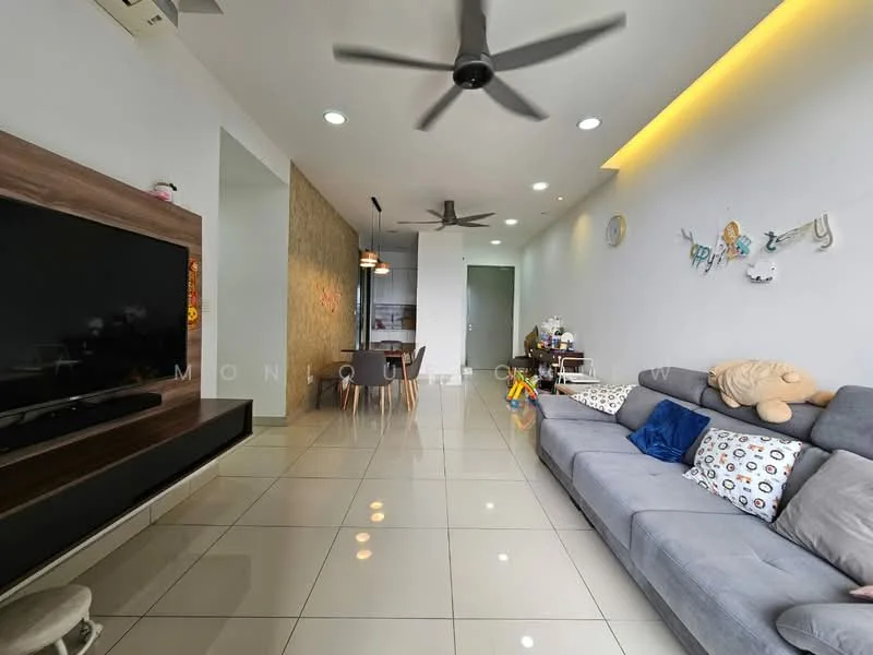 Living features: grey fabric L-shape sectional sofa, decorative throw pillows, wall-mounted TV, wooden TV console, white painted walls, recessed LED downlights, ceiling fan, large floor tiles, decorative wall art, open layout to dining area, wood accent wall, dining table with chairs visible in background; style: modern.
