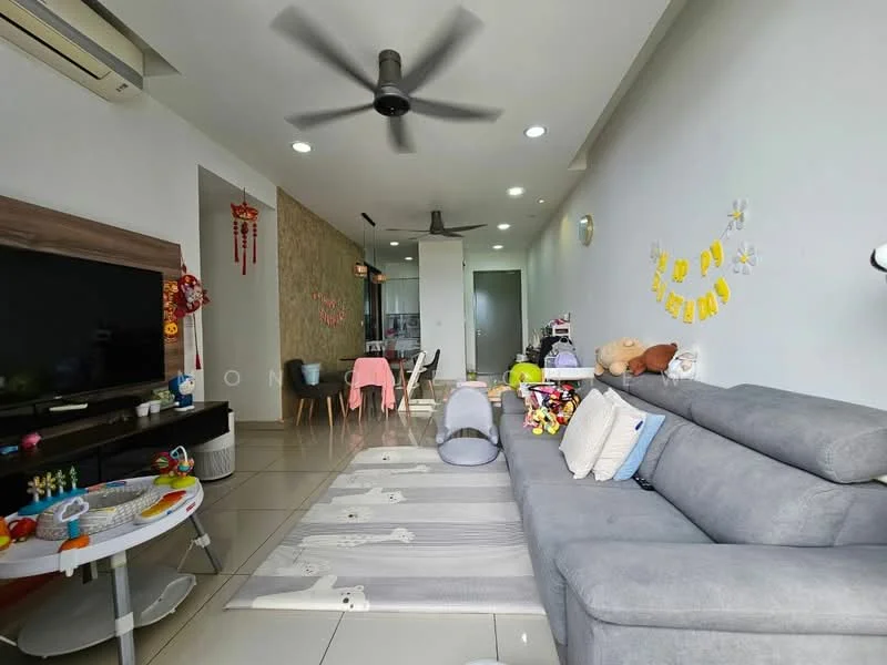 Living features: grey fabric L-shape sectional sofa, wall-mounted TV, TV console, ceiling fan with light, recessed downlights, decorative wall with stone cladding, white painted walls, ceramic tile flooring, area rug, decorative wall art, children's play area with toys, dining table with chairs in background; style: modern.