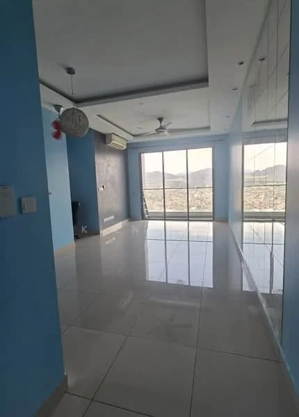 Living features: light blue painted walls, white ceiling with recessed downlights, large floor-to-ceiling windows, sliding glass door, white tiled flooring, 5-blade ceiling fan with light, air conditioning unit, decorative pendant light; style: modern; view: mountain.