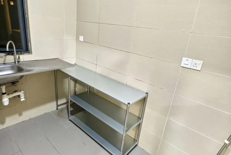 Room features: stainless-steel sink, metal countertop, metal shelving unit, light beige tiled walls, grey tiled flooring, electrical outlets, plumbing under sink; style: modern.