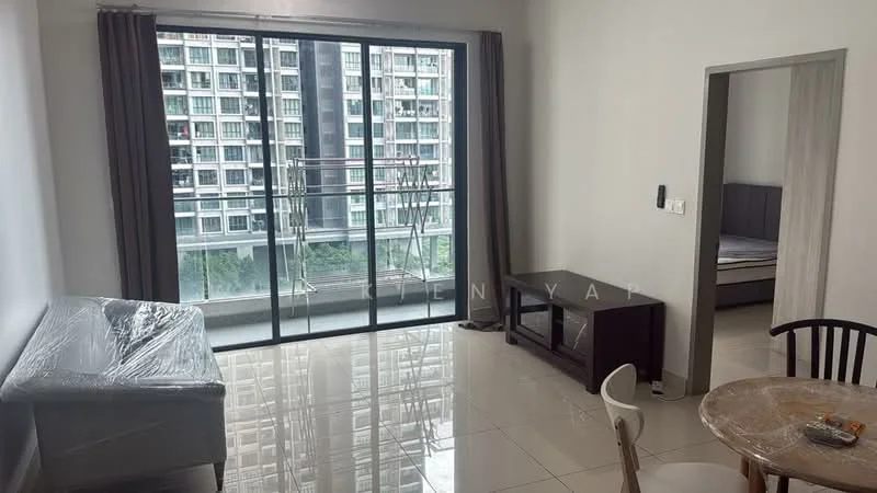 Living features: floor-to-ceiling windows, sliding glass door, grey curtains, white painted walls, glossy ceramic tile flooring, sofa covered in plastic wrap, round dining table, black dining chairs, white chair, wall-mounted intercom, view of balcony; style: modern; view: city. Room features: bed visible in background, white painted walls, grey bedding.