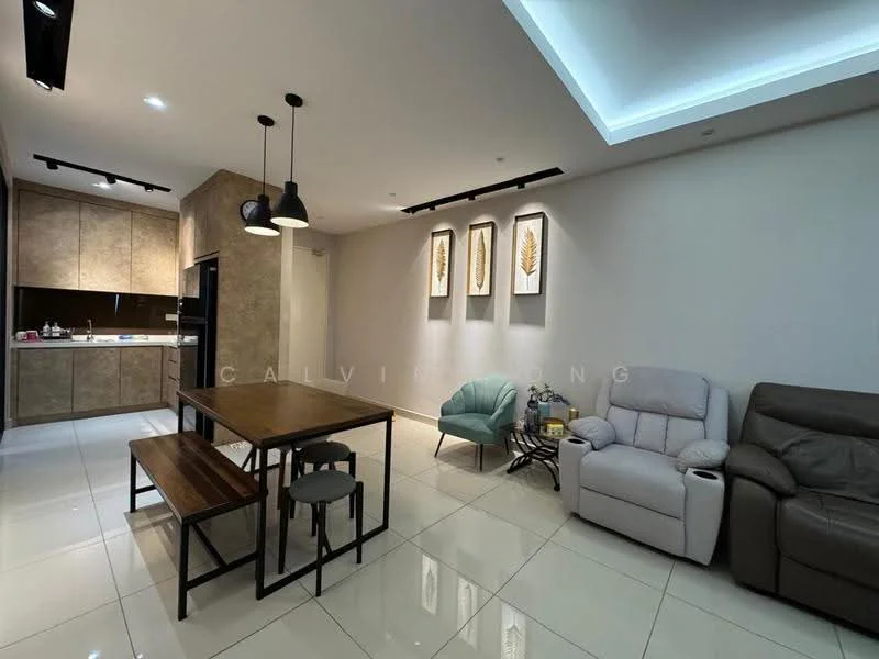 Living features: white painted walls, glossy tile flooring, recessed downlights, pendant lighting, 3-seater leather sofa in light grey, wooden dining table with 4 metal chairs, accent chair in teal, framed artwork on walls, built-in kitchen cabinetry, black kitchen appliances; style: modern.
