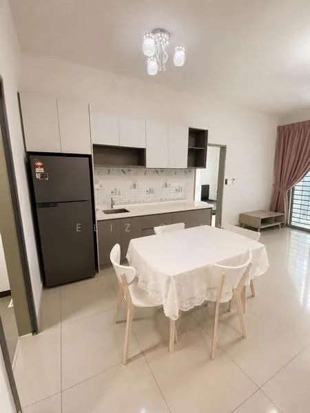 Dining features: white dining table with four chairs, grey cabinetry, stainless-steel fridge, white tiled backsplash, marble countertop, recessed ceiling lights, cream walls, sliding glass door, floor-to-ceiling window treatments, light-coloured flooring; style: modern. Kitchen features: grey cabinetry, white tiled backsplash, marble countertop, stainless-steel fridge, sink, built-in stove, oven, recessed ceiling lights; style: modern.