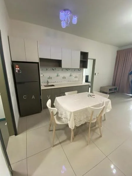 Kitchen features: white cabinetry with flat-panel doors, stainless-steel fridge, white countertop, tile backsplash with floral pattern, dining table with white tablecloth, four wooden dining chairs, recessed ceiling lights, large window with sheer curtains, ceramic tile flooring, pendant light fixture; style: modern.