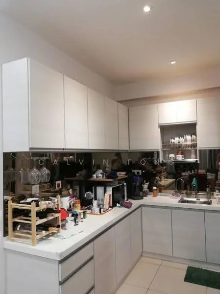 Kitchen features: white cabinetry with flat-panel doors, light grey countertop, stainless-steel sink, chrome pull-down faucet, built-in oven, freestanding range oven, microwave, open shelving, tile flooring, recessed downlights, kitchen island, various kitchen appliances and utensils; style: modern.