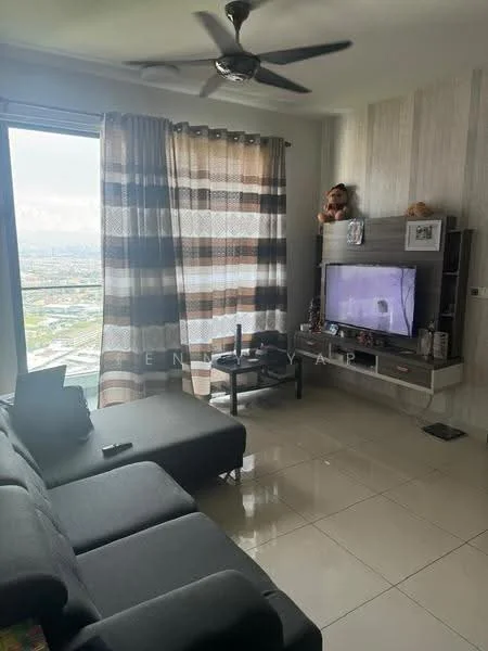 Living features: 3-seater fabric sofa in grey, L-shape sectional sofa, coffee table, wall-mounted TV, TV console, floor-to-ceiling windows, curtains with geometric pattern, polished tile flooring, decorative wall with vertical stripes, ceiling fan with light; style: modern; view: city.