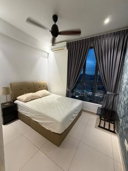 Bedroom features: king-size bed, upholstered headboard, 2 bedside tables, table lamp, floor-to-ceiling window, grey curtains, ceiling fan, white painted walls, tile flooring, decorative accent wall; style: modern; view: city.