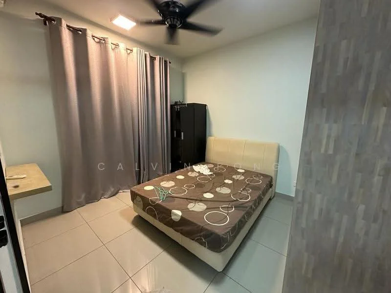 Bedroom features: queen-size bed with beige upholstered headboard, bedding with circular pattern, grey curtains, ceiling fan, wall-mounted light fixture, tile flooring, light green painted walls, black wardrobe, small bedside table; style: modern.