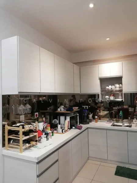 Kitchen features: white flat-panel cabinets, stainless-steel sink, chrome pull-down faucet, white countertop, ceramic tile flooring, recessed downlights, built-in microwave, freestanding coffee machine, open shelving, various kitchen appliances, glass jars, kitchen utensils, decorative items; style: modern.