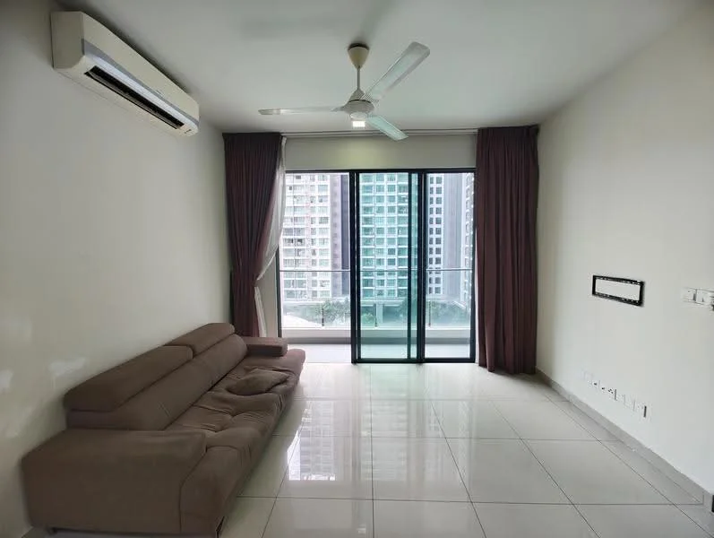Living features: 3-seater fabric sofa in beige, floor-to-ceiling windows, sliding glass door, curtains in dark brown, white painted walls, glossy ceramic tile flooring, 1 wall-mounted split AC, ceiling fan with light, decorative wall panel, open layout, view of city skyline; style: modern; view: city.