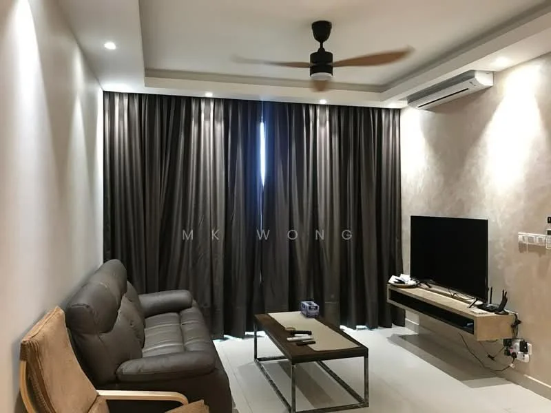 Living features: 3-seater leather sofa in grey, wooden coffee table, wall-mounted TV, TV console, 5-blade ceiling fan with light, recessed downlights, dark curtains, white tiled flooring, exposed concrete accent wall, air conditioning unit; style: modern.