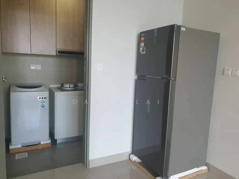 Laundry features: white washing machine, stainless-steel fridge, gas stove with 2 burners, wood cabinetry, grey tiled flooring, light grey walls, countertop space, sink with faucet; style: modern.