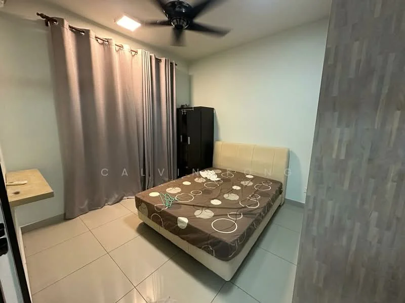 Bedroom features: queen-size bed with beige upholstered headboard, bedding with circular pattern, 2 bedside tables, black wardrobe, grey curtains, ceiling fan, tile flooring, light fixture on ceiling, light green painted walls; style: modern.