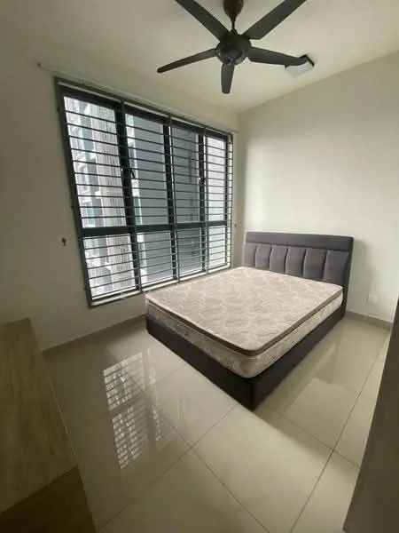 Bedroom features: queen-size bed, upholstered headboard, floor-to-ceiling windows, sliding window grilles, light-colored walls, glossy tile flooring, ceiling fan, wooden dresser; style: modern.