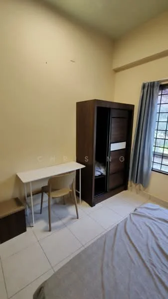 Bedroom features: cream painted walls, tile flooring, single bed, wooden wardrobe, white desk, chair, curtains, window with grid design.