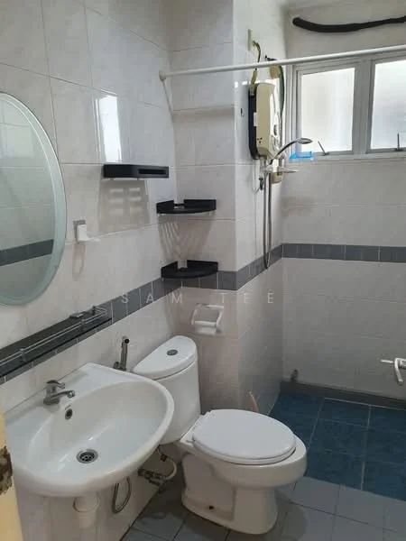 Bathroom features: white tiled walls, grey accent tiles, blue ceramic tile flooring, round mirror, single-sink vanity with chrome faucet, one-piece toilet, shower area with wall-mounted showerhead, wall-mounted soap dispenser, shelves for storage; style: modern.