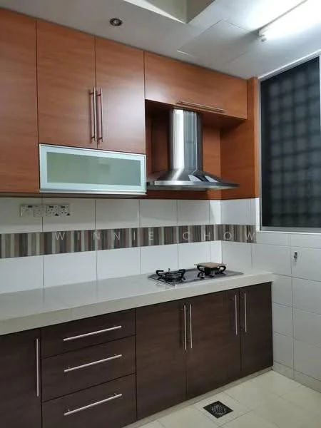 Kitchen features: brown wooden cabinetry, white countertop, stainless-steel range hood, built-in gas hob with two burners, white tiled backsplash, grey accent tiles, under-cabinet lighting, single-bowl stainless-steel sink, window with black grid pattern; style: modern.