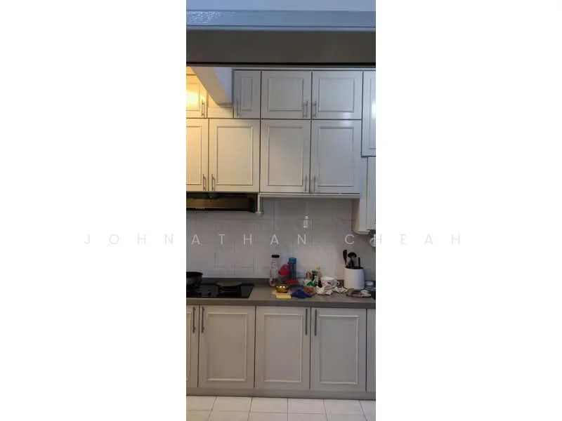 Kitchen features: light grey cabinetry, stainless-steel range hood, built-in stove, white tiled backsplash, white countertop, kitchen sink, various kitchen appliances, multiple upper cabinets, lower cabinets with handles, open shelving, light fixture above, floor tiles, cleaning supplies on countertop; style: modern.