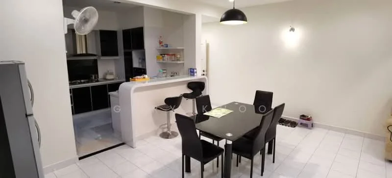 Dining features: black dining table with 6 chairs, white tiled flooring, pendant light fixture, wall-mounted fan, open kitchen layout, black cabinetry, stainless-steel fridge, countertop with bar stools; style: modern. Kitchen features: black cabinetry, stainless-steel appliances, countertop, open layout to dining area; style: modern.
