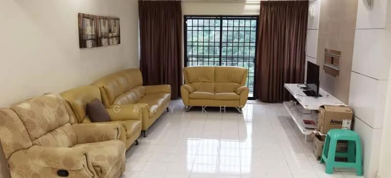 Living features: 3-seater leather sofa in yellow, 2-seater leather sofa in yellow, coffee table, TV console, wall-mounted TV, large windows with black metal grilles, curtains in brown, white tiled flooring, decorative wall art, green plastic stool, box on the floor; style: modern; view: garden.