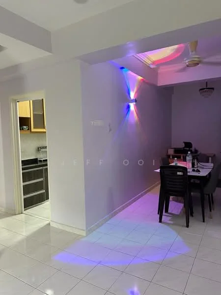 Dining features: white painted walls, glossy tile flooring, dining table with chairs, ceiling fan, recessed downlights, decorative wall lighting, open layout to kitchen, kitchen entrance visible; style: modern. Kitchen features: white cabinetry, black countertop, stainless-steel appliances, open layout to dining area; style: modern.