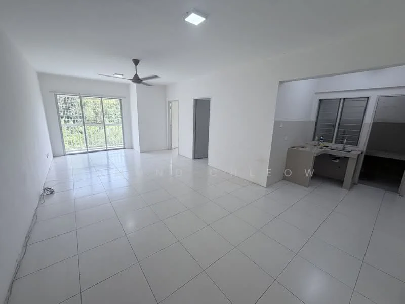 Living features: white painted walls, white tiled flooring, 5-blade ceiling fan with light, floor-to-ceiling windows, sliding glass door, natural light from windows, open layout, neutral decor; style: modern; view: garden. Kitchen features: white cabinetry, countertop, sink, kitchen island, window, workspace area; style: modern.