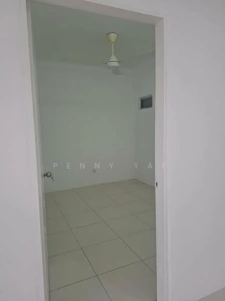 Room features: white painted walls, tile flooring, ceiling fan, small window, door frame, light fixture.