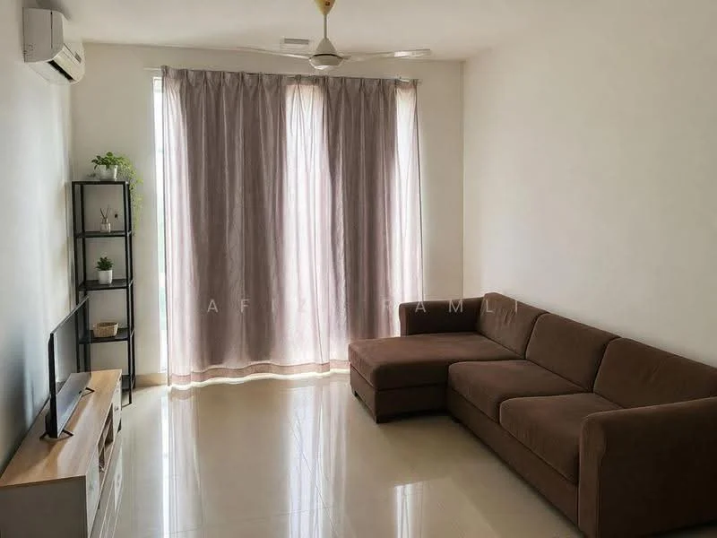 Living features: 3-seater fabric sofa in brown, coffee table, wall-mounted TV, TV console with wooden finish, floor-to-ceiling windows, sheer curtains, ceiling fan, wall-mounted split AC, glossy tile flooring, decorative plant on shelf, neutral painted walls; style: modern.